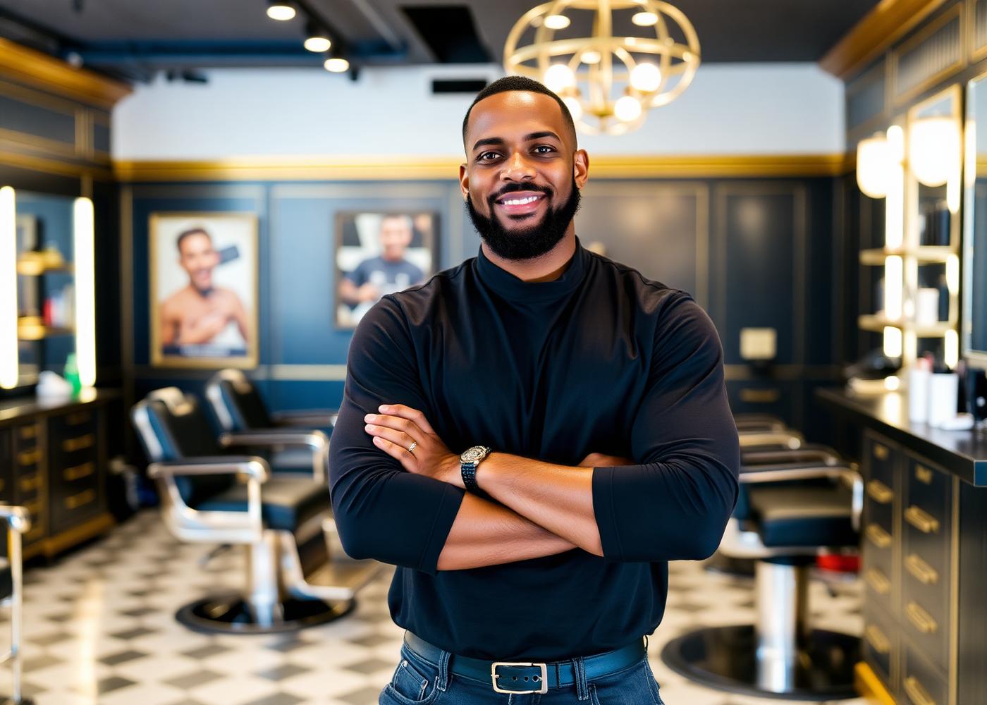 Barbershop owner in an upscale men's grooming lounge